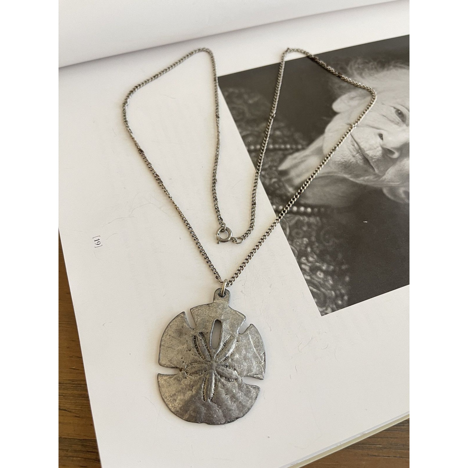 Vintage Metzke Pewter Sand Dollar Pendant Double Chain Necklace Jewelry